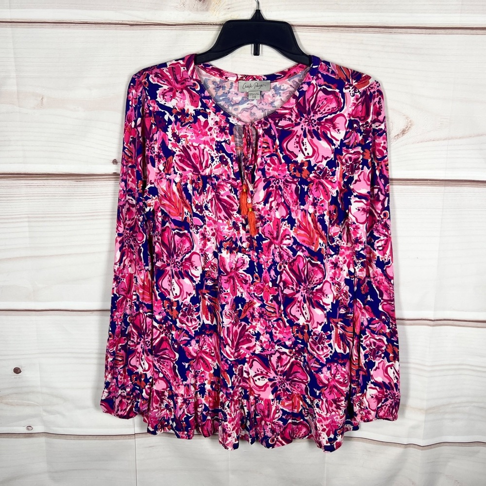 Charlie Paige Top Women S M Pink Floral Blouse Knit Tie Neck Ruffle Hem Pullover